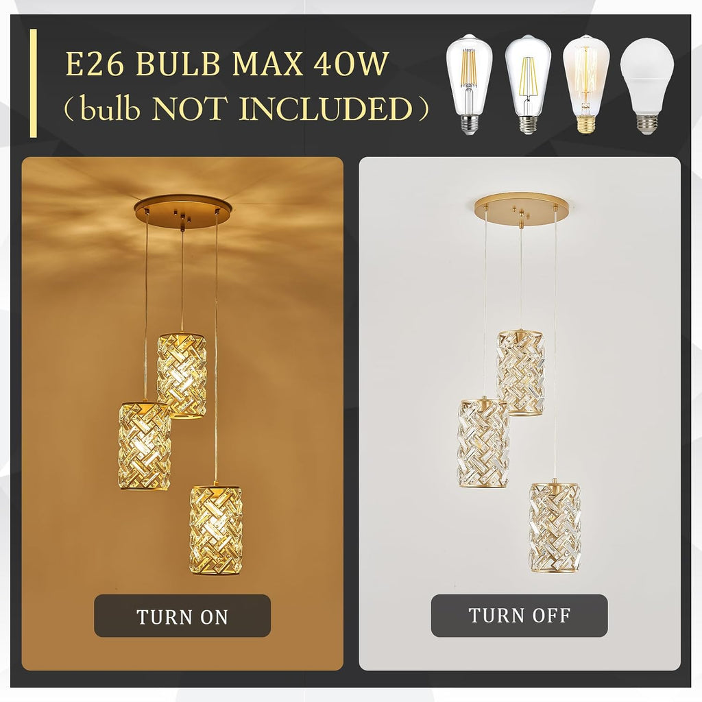 CATINER 3-Light Modern Gold Crystal Pendant Light Luxury Mini Chandelier, Adjustable Cluster Pendant Lighting for Kitchen Island Dinning Room Bedroom Hallway Porch