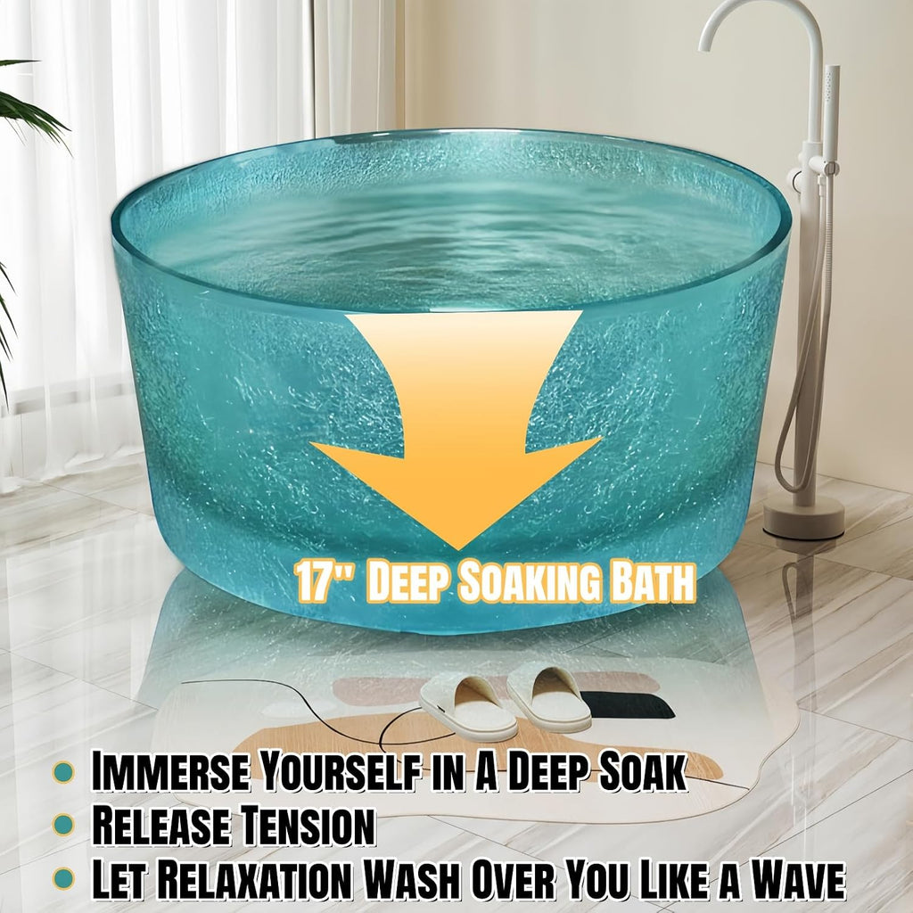 47' Edeyeu Freestanding Bathtub - Round Solid Surface Bathtub With Ice Crack Texture, Luxury Extra Deep Soaking Tub, Natural Resin Stand Alone Free Standing Tub For Modern Bathroom Design Blue