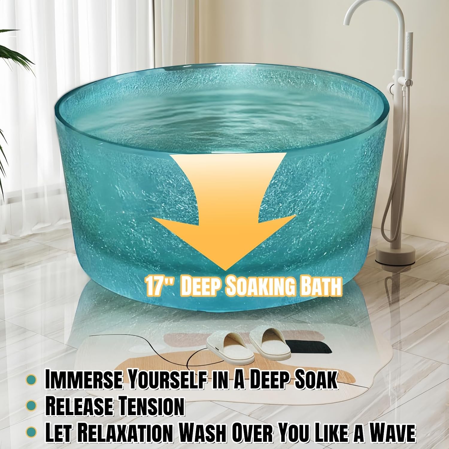 47' Edeyeu Freestanding Bathtub - Round Solid Surface Bathtub With Ice Crack Texture, Luxury Extra Deep Soaking Tub, Natural Resin Stand Alone Free Standing Tub For Modern Bathroom Design Blue