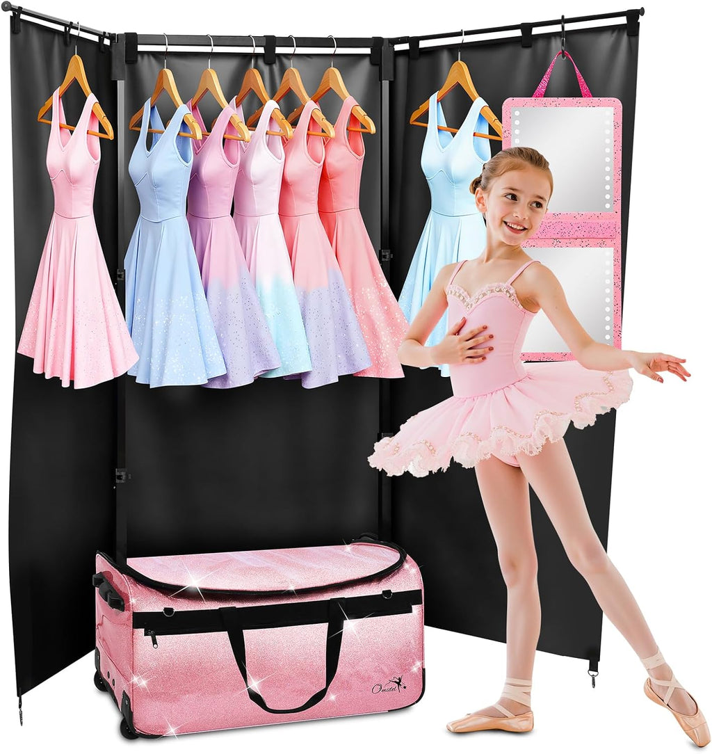 Dance Bag with Garment Rack and Curtain, 28' Rolling Dance Competition Duffle Bag with Garment Rack | Mobile Changing Station Dance Suitcase for Dancer Athlete Livestreamer Cheerleader Cosplayer