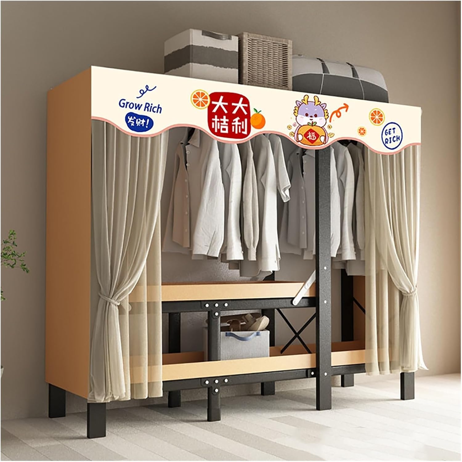 Heavy Duty Clothes Rack With Cover Foldable Closet Wardrobe Metal Clothing Rack Portable Garment Racks For Hanging Clothes Freestanding Armoire Covered Storage(Yellow2,167x46x170cm)