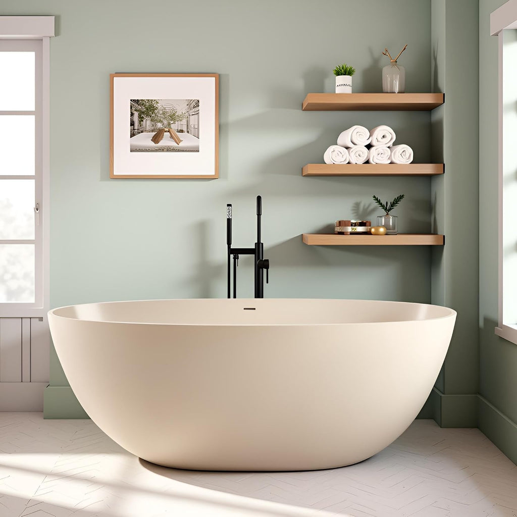Stone Resin Freestanding Bathtub 65', Elegant Oval Shape Soaking Tub, Solid Surface Stand Alone Bathtub with Drain & Integrated Slotted Overflow AMFS303-1650 milky coffee