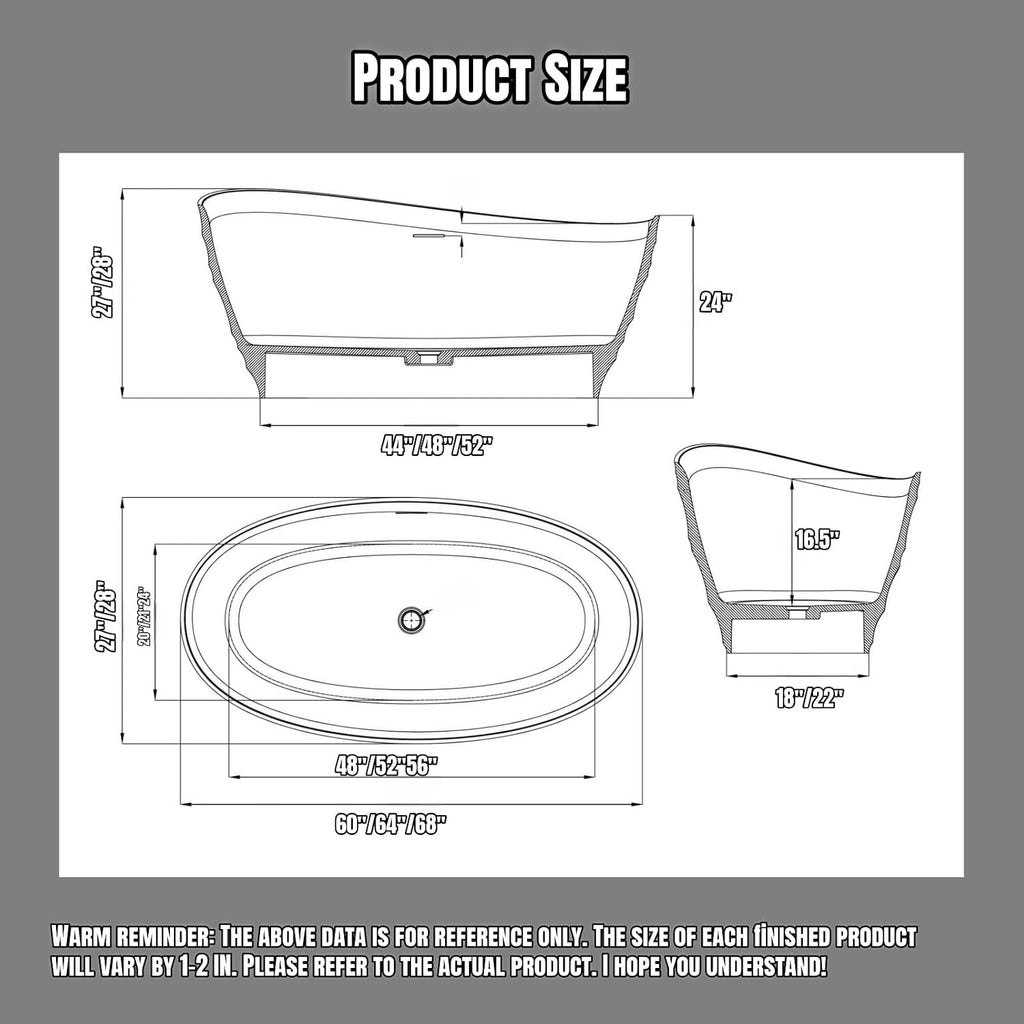 Freestanding Bathtub – Solid Surface Bathtub Soaking Tub With Wave-Texture Resin, Extra-Deep Free Standing Tub Design For Modern Spa-Style Stand Alone Bathrooms (64',Black)
