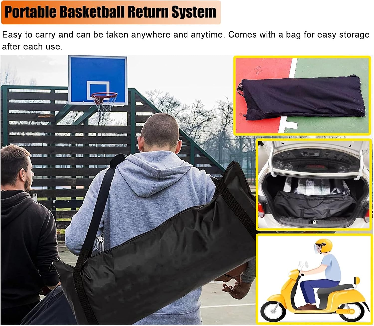 Black Basketball Return Automatic Attachment for Hoop, Floor Standing Rolling Basketball Net Catcher Ball Return Machine, Indoor Outdoor Hoop Returner