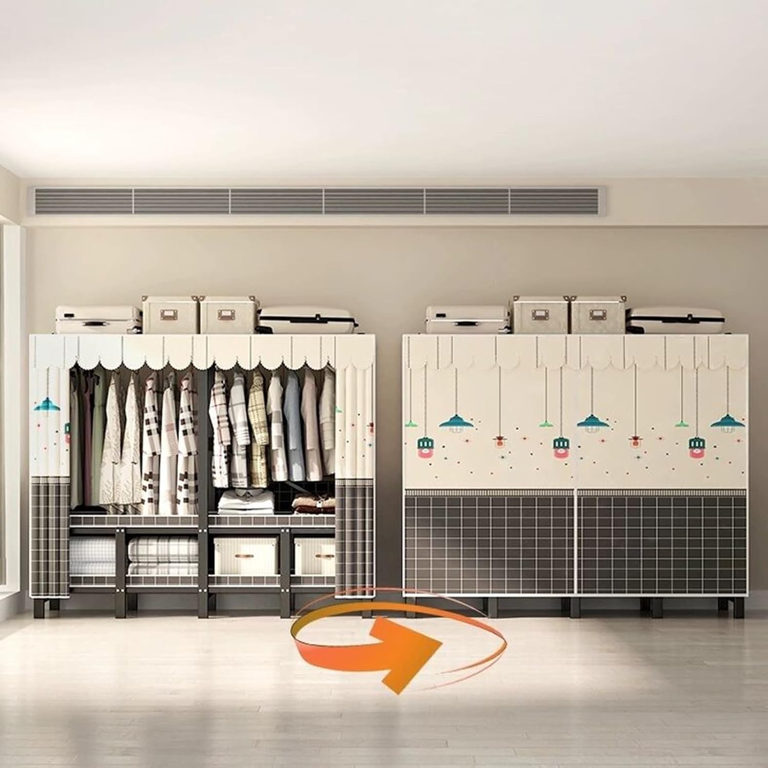 Portable Iron Rack Wardrobe Closet Rack - Large Capacity Floor Hanger, Heavy-Duty Foldable Garment Rack, 1100lbs, With Cover Wardrobe Clothes Organizer System, For Bedroom/corridor/entrance(B,168*50*1