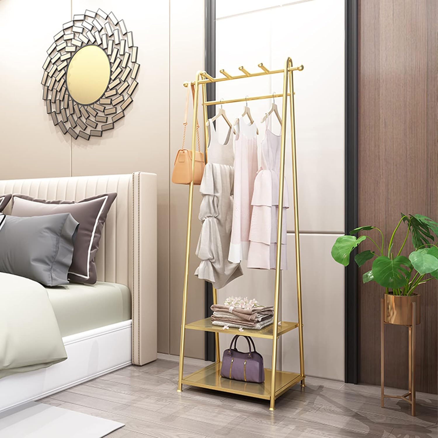 Heavy duty Garment rack Multipurpose Clothing Rack With 4 Hooks And 2 Tier Shelves Freestanding Coat Rack For Bedrooms And Small Spaces Metal Clothes Rail And Clothes Organizer, Gold, 50x40x158CM