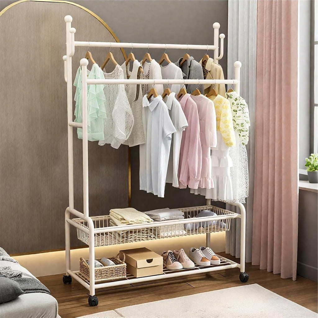 Clothes Rack With Wheels,Metal Garment Rack With Storage Shelves And Coat/Hat Hooks,Freestanding Clothing Organizer,Black/Gold(White,120cm(47.2in))