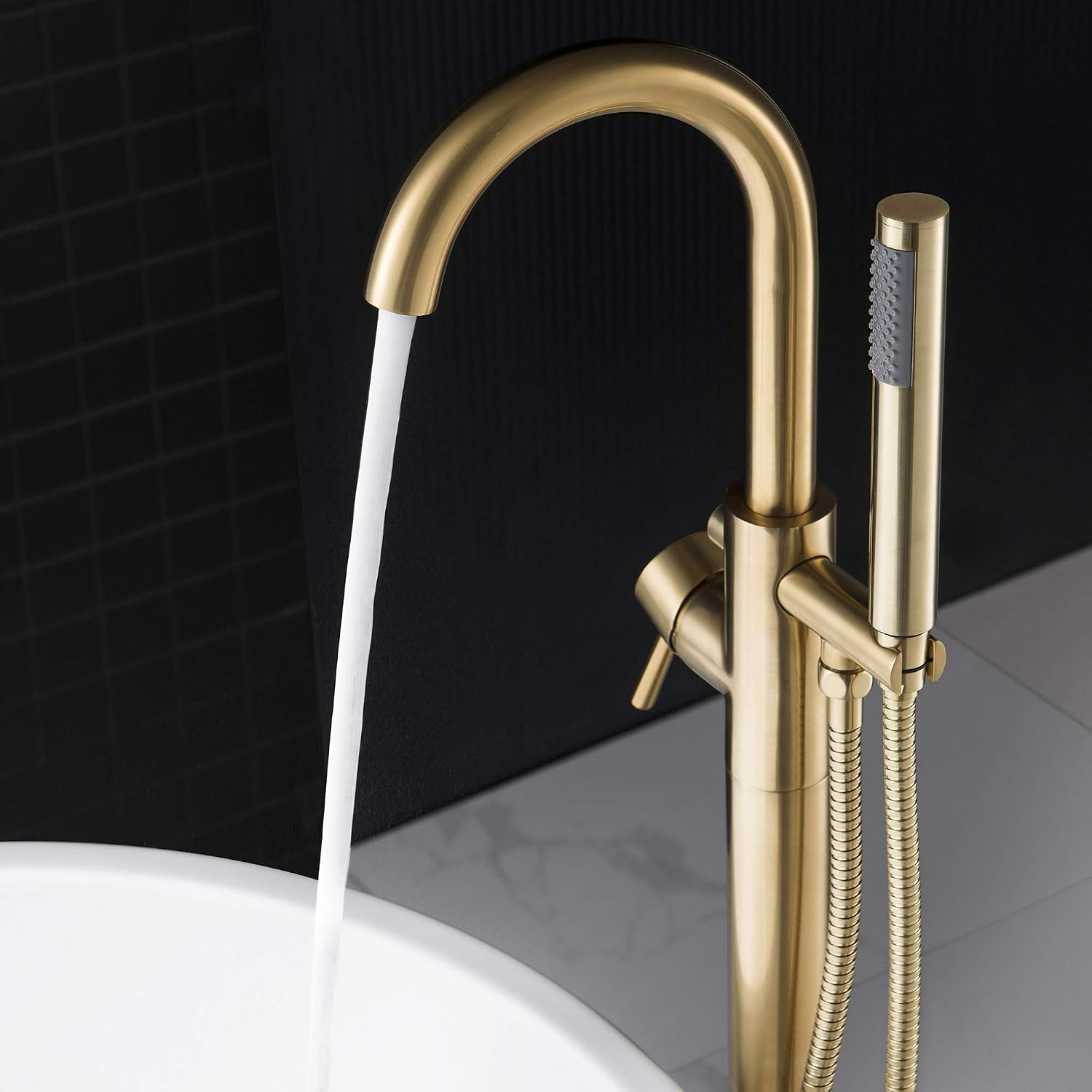 WOODBRIDGE F0007 BG Freestanding Tub Filler Bathtub Floor Mount Brass Bathroom Faucets with Hand Shower, F-0007 Golden, Brushed Gold
