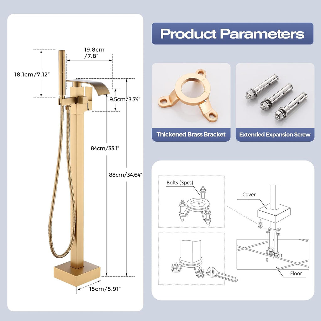 Waterfall Freestanding Bathtub Faucet, Floor Mount Bathroom Tub Filler Shower Faucets with Handheld Sprayer, Brushed Gold