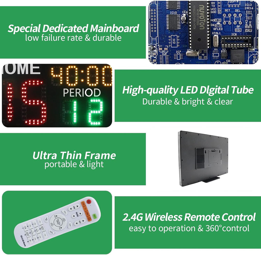 YZ LED Super Bright Electronic Scoreboard with Timer Clock, Battery Powered Digital Scoreboard with Remote, Tennis Score Keeper for Net,Basketball/Volleyball/Baseball/Cornhole Indoor Outdoor Buzzer