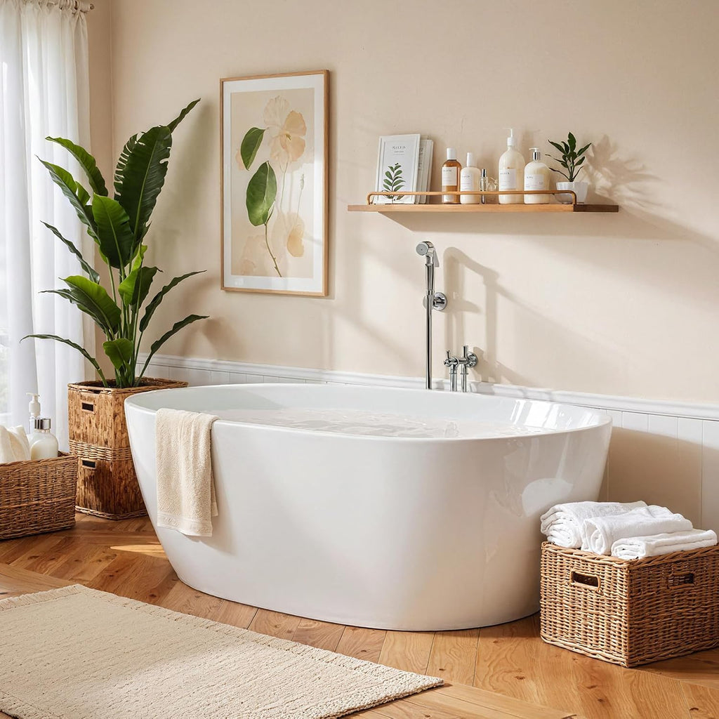 47 * 28 * 24 Inch Acrylic Freestanding Bathtub, Modern Soaking Bright White Bathtub, Equipped With Bright Silver Overflow And Bouncing Water Outlet