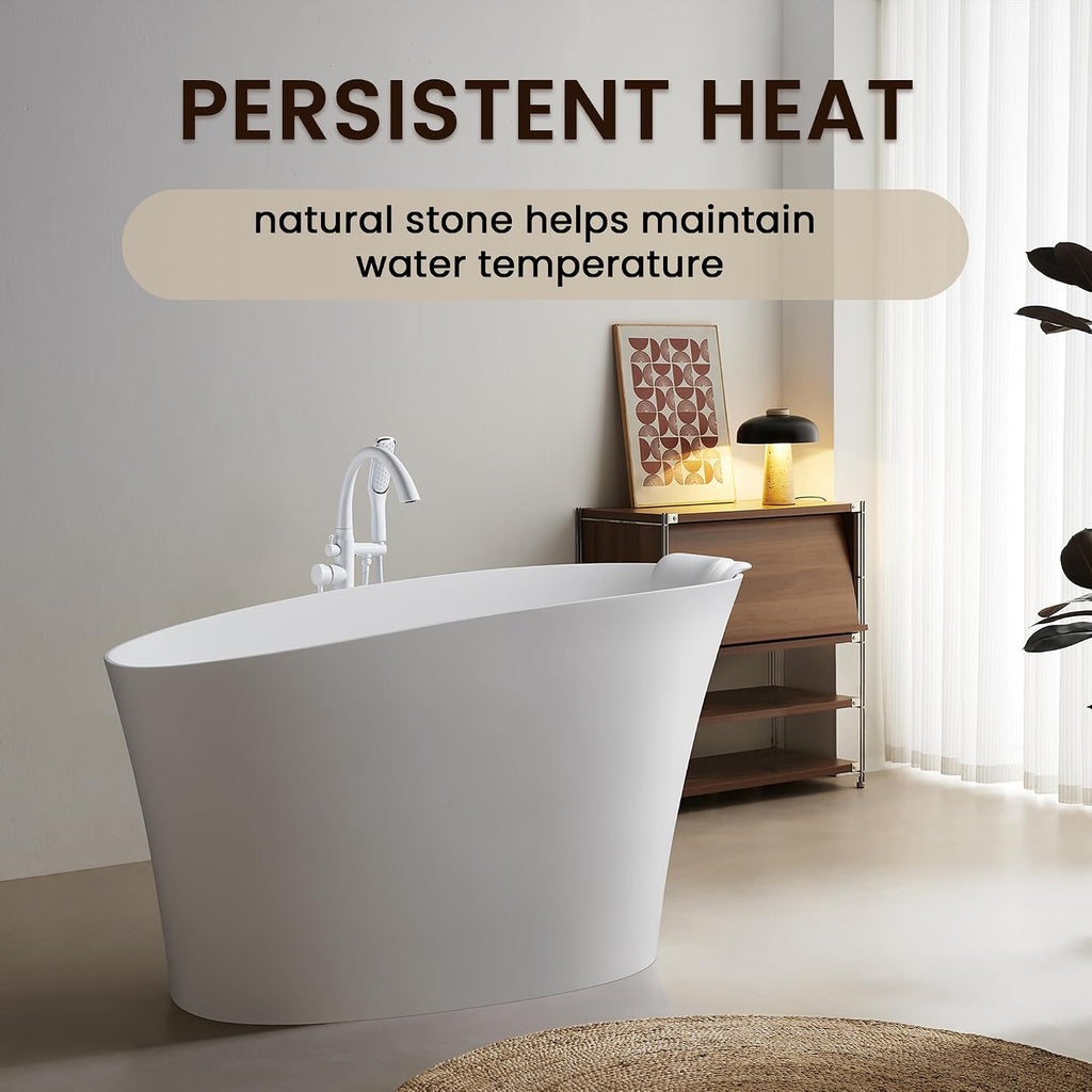 51'Freestanding Thermostatic Bathtub, Solid Surface Japanese Soaking Tub with Integrated Seat Cushion and Headrest, Includes Overflow and Drain Assembly, Oval White (White-51')