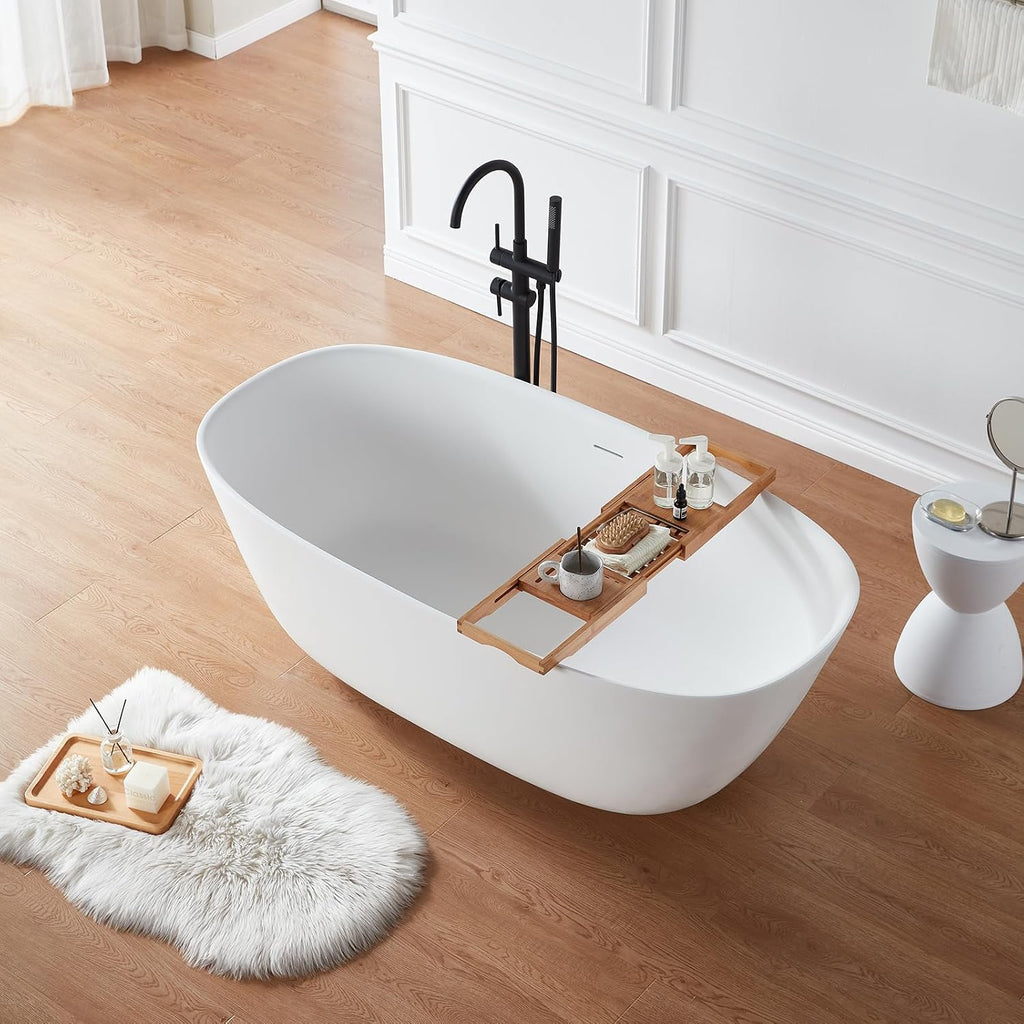 Cpingao 59' Solid Surface Freestanding Bathtub, Stone Resin Soaking Tubs, Stand Alone Tub with Pop-up Drain and Overflow, Matte White 8823A-1500