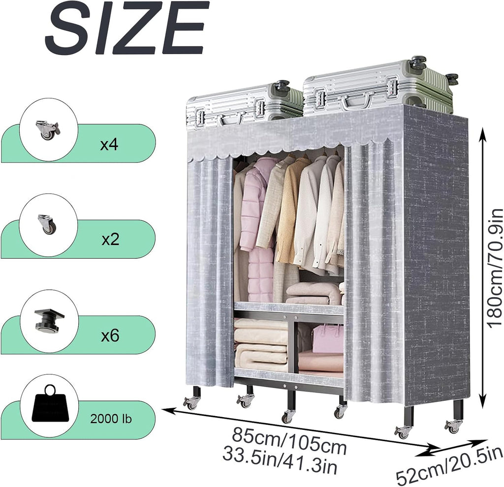 Heavy Duty Rolling Covered Metal Garment Rack with Lockable Wheels and Door, Load 2000lbs, Portable Closets for Hanging Clothes, Large Capacity 360°Enclosed Clothing Racks (105cm/41.3in)