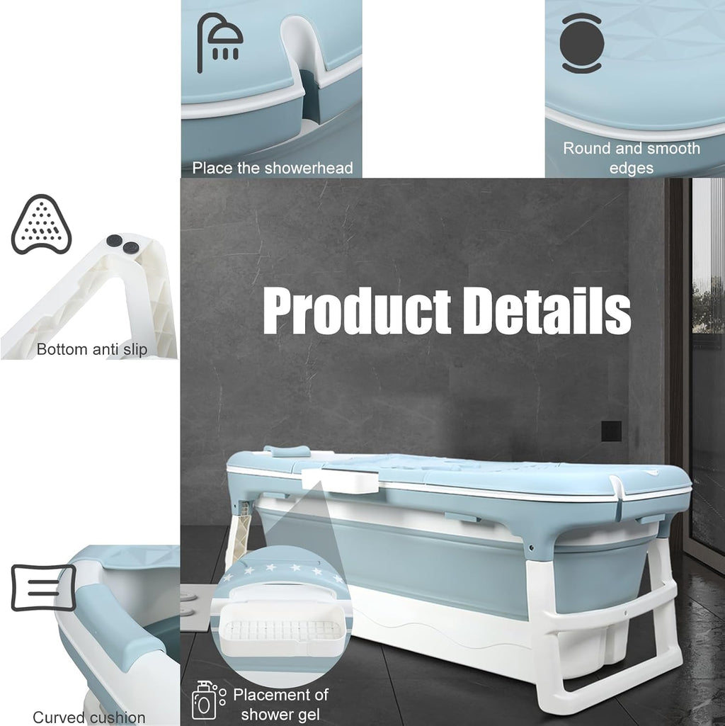 Portable Foldable Bathtub for Adult, 41' Small Foldable Tub with Ergonomic Seat & Massage Roller, Large Capacity Soaking Tub for Adults with Thermal Cover (130cm)