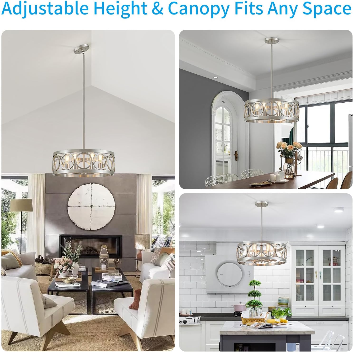 XINGQI 6-Light Modern Chandelier Brushed Nickel Farmhouse Dining Room Chandeliers, 21.7'' Drum Pendant Light Fixture Height Adjustable for Living Room Home Office