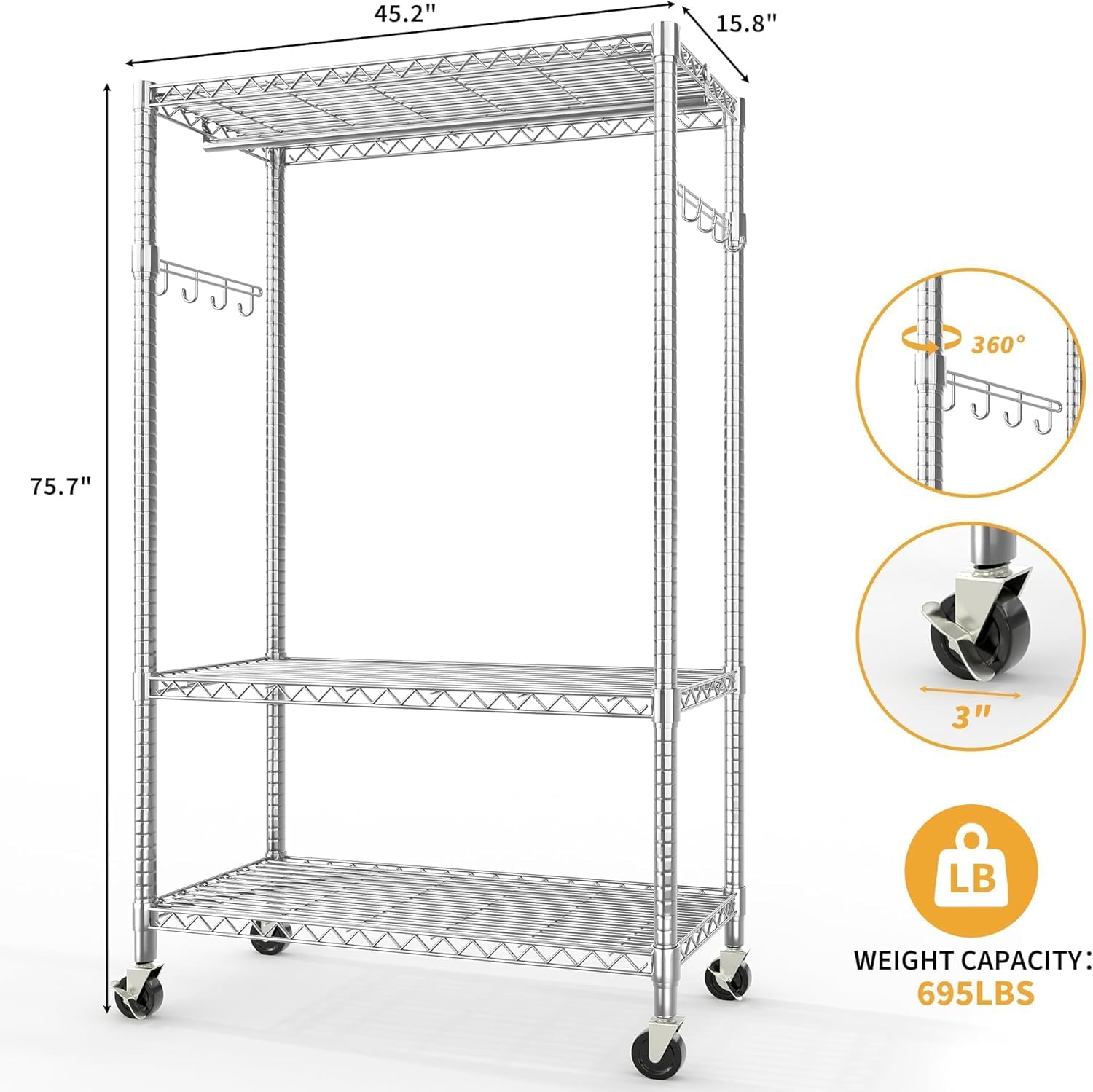 3-Tier Rolling Garment Rack, Heavy Duty Clothing Organizer with Adjustable Shelves & Dual Hanging Rods, Freestanding Metal Rack with Locking Casters for Bedroom, Closet, Dorm, Laundry Room - Silver