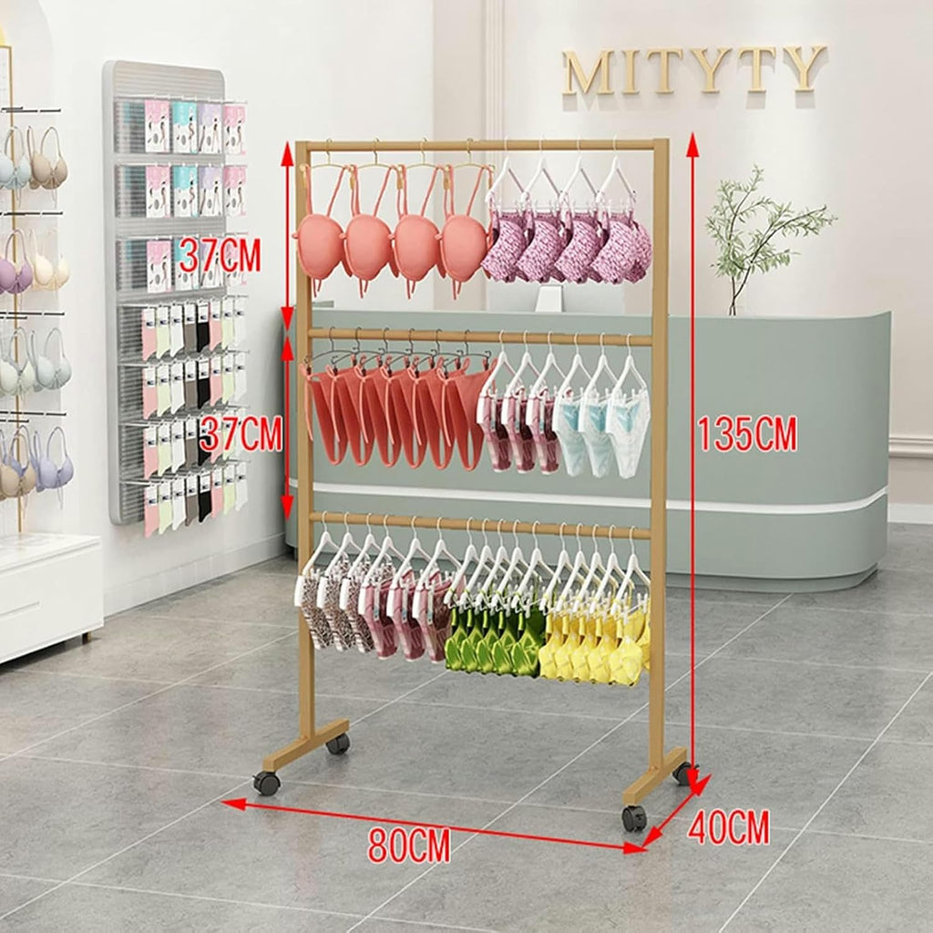 Freestanding Metal Scarf Display Rack, Underwear Panty Rack Shorts Display Bra Stand, Clothes Organizer with Wheels, 3- Tier Shelves for Bedroom/Boutique/Cloth Store
