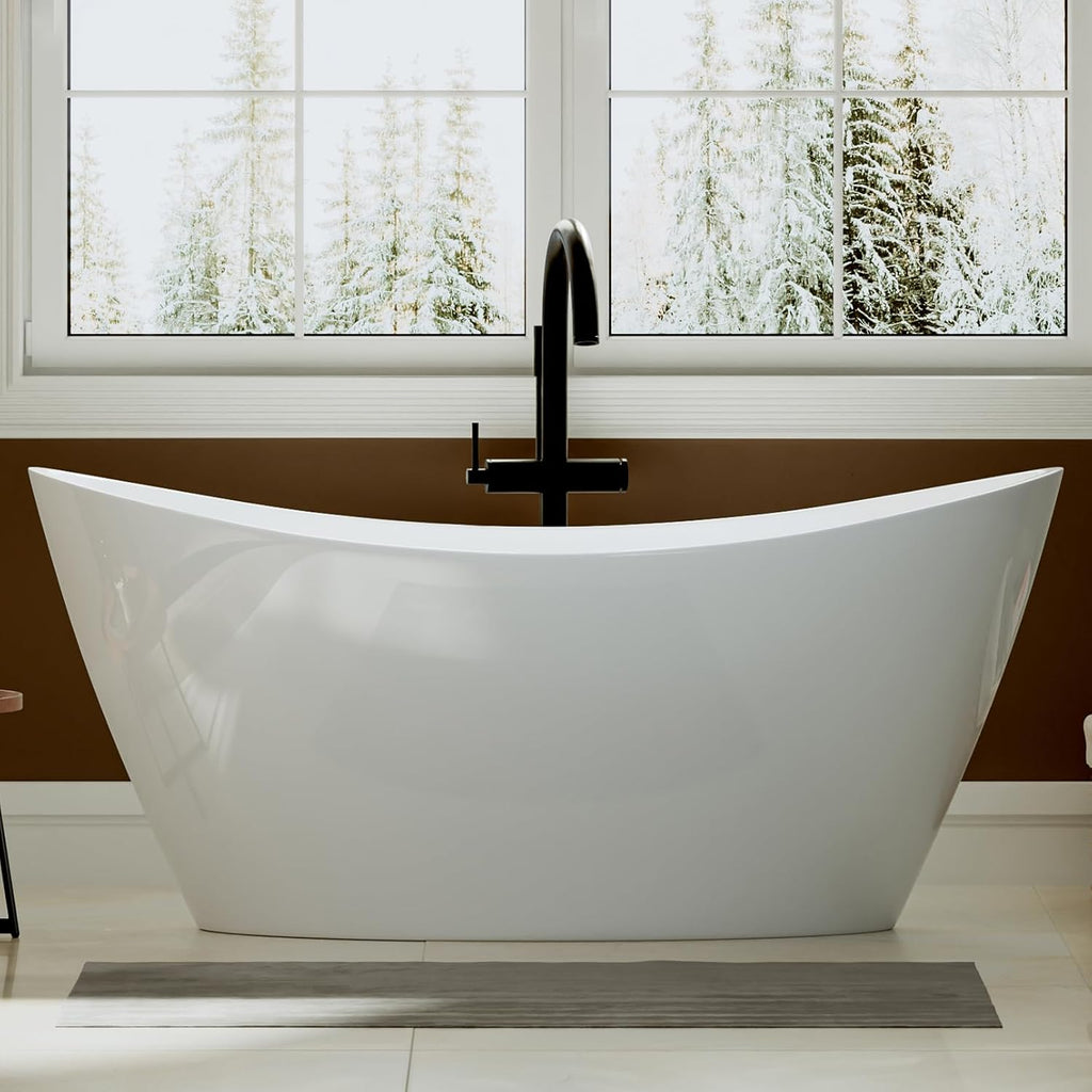Empava 59' Freestanding Bathtub – Deep Soaking Acrylic Tub for Small Bathroom, Non-Slip Flatbottom, Stress Relief Home Spa, Brushed Nickel Drain & Overflow, Single Adult, Glossy White