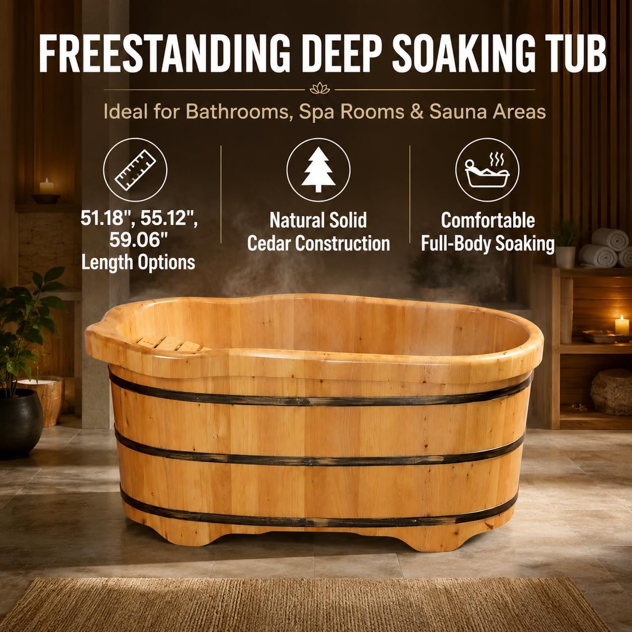 Premium Cedar Wood Freestanding Bath Tub, 51' 55' 59' Deep Soaking Tub with Solid Wood Construction & Drain Hose (59')