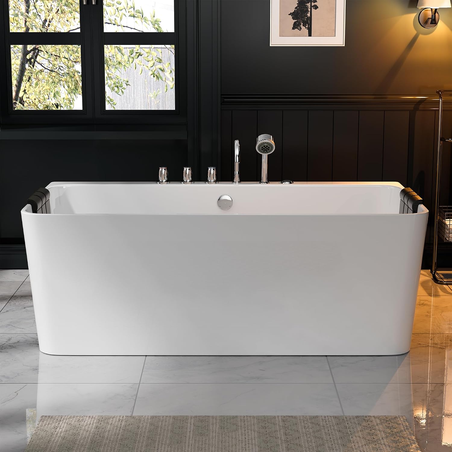 Whirlpool Bathtub 67 in. Acrylic Freestanding Bath Tub Hydromassage Gracefully Rectangle Shaped 8 Water Jets Soaking SPA, Double-Ended Massage Bathtubs with Black Pillows , White