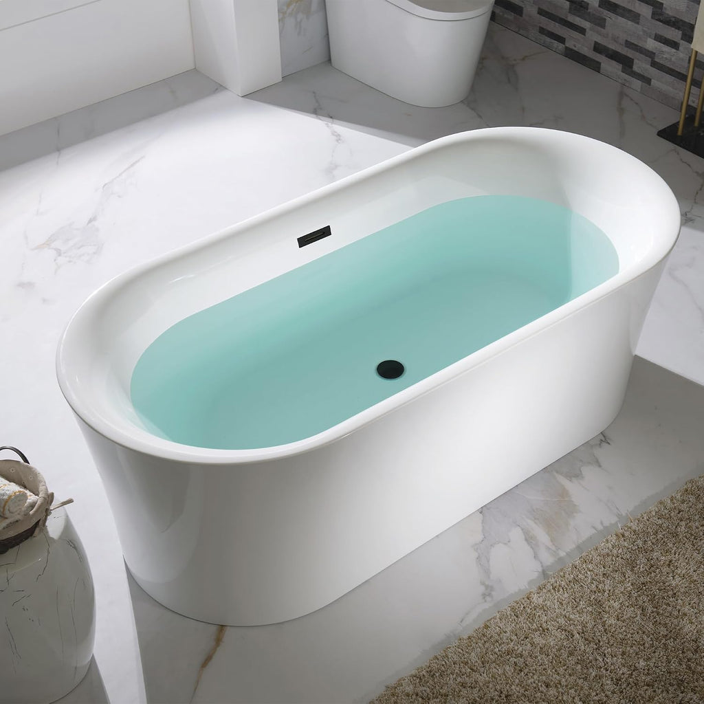 WOODBRIDGE 59' Acrylic Freestanding Bathtub Contemporary Soaking Tub with Matte Black Overflow and Drain,White Tub,B0058-MB
