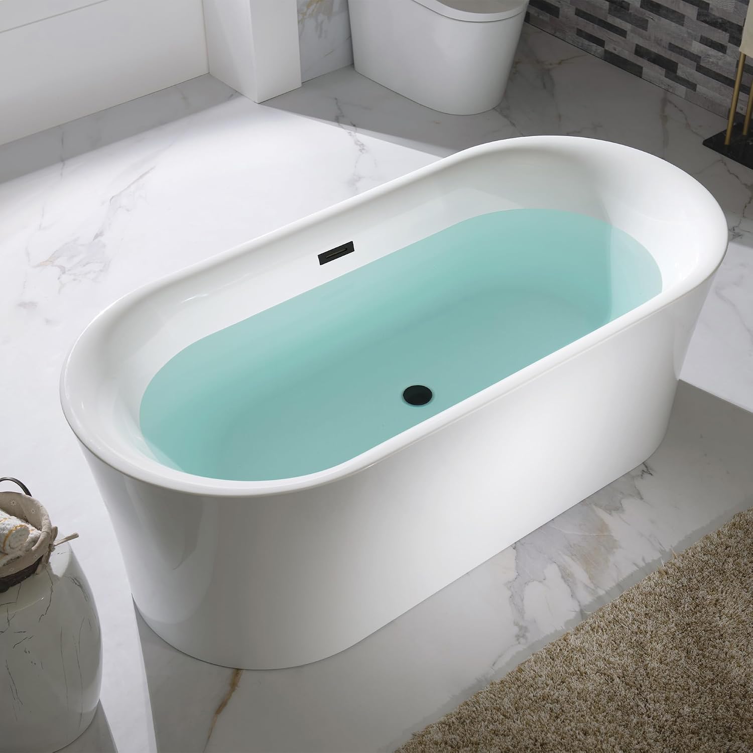 WOODBRIDGE 59' Acrylic Freestanding Bathtub Contemporary Soaking Tub with Matte Black Overflow and Drain,White Tub,B0058-MB