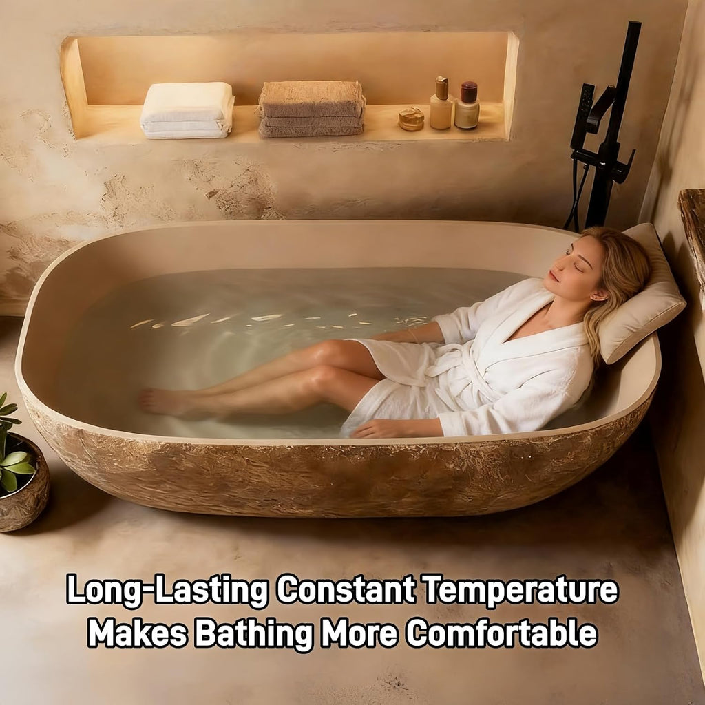 71' Edeyeu Freestanding Bathtub - Modern Designer Solid Surface Bathtub Soaking Tub With Extra Deep Ergonomic High Back, Luxury Stone Texture Free Standing Tub, Artistic Style