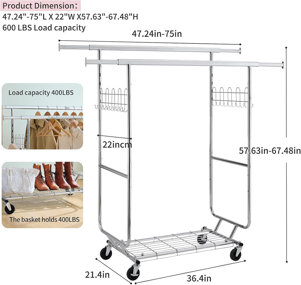 Double Coat Rack with Shelves Clothing Racks with 4 Rolling Wheels Heavy Duty Portable Collapsible Commercial Garment Rack for Hallway Bedroom Office, Capacity 800lbs, Silver