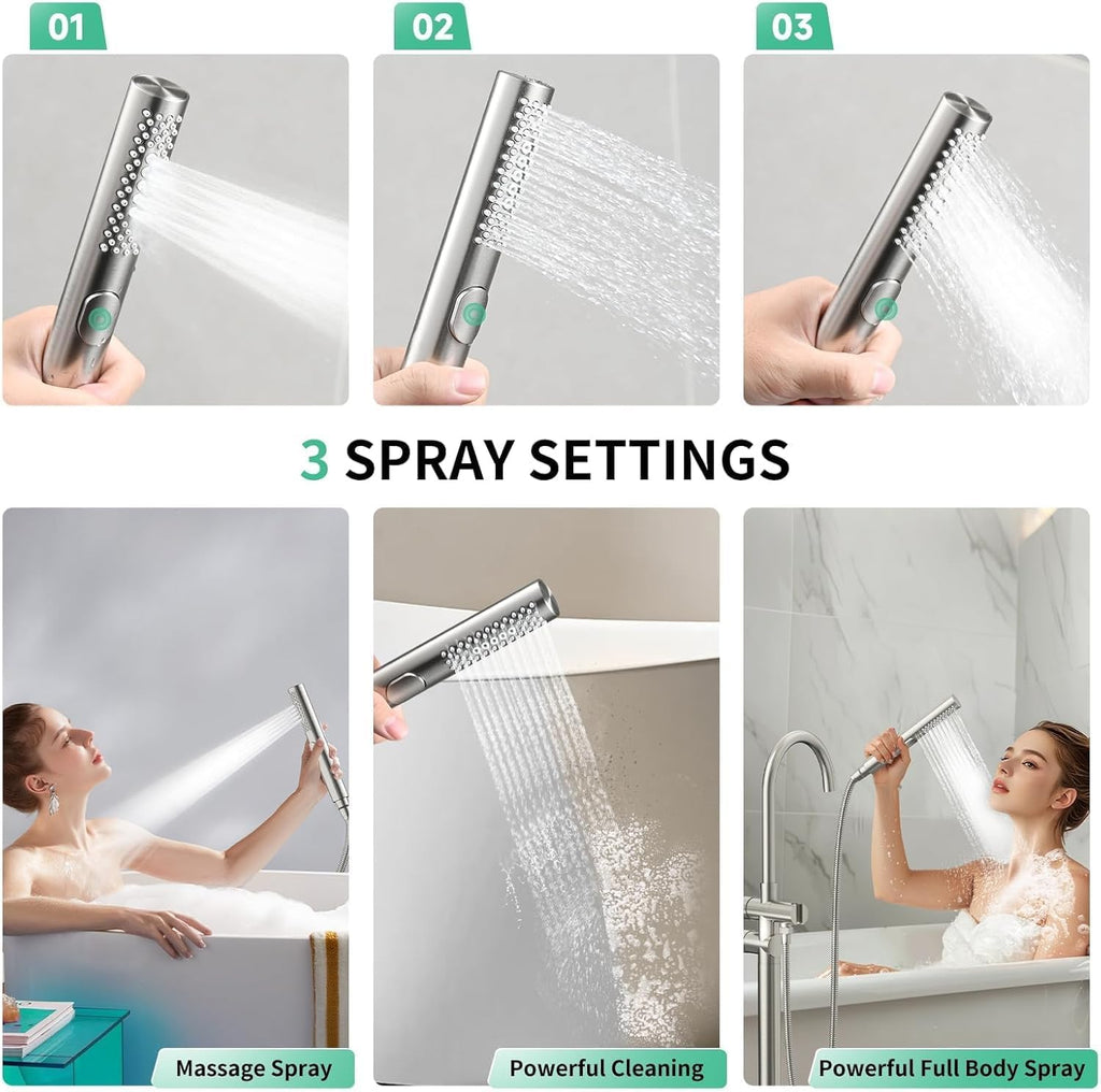 Free Standing Bathtub Faucet Set: SR SUN RISE Floor Mount Tub Filler with 3-Function Handheld Shower Head, Brushed Nickel High Flow Brass Freestanding Shower Faucet