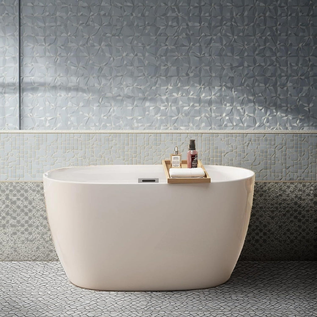 47' Freestanding Bathtub, Acrylic Contemporary Free Standing Tub Oval Shape Soaking Bath Tub with Chrome Overflow & Pop-Up Drain, Gloss White