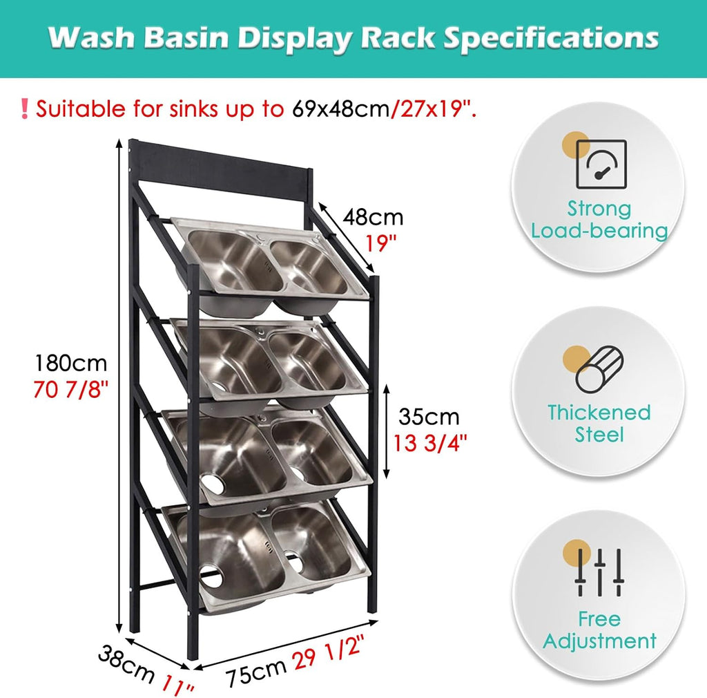 4 Tiers Large Wash Basin Display Rack with Wheels, Commercial Metal Washbasin Sample Display Stand for Household Shops, Adjustable Width Rolling Rack(No Wheel-4 Layers - L 75cm/29.5in