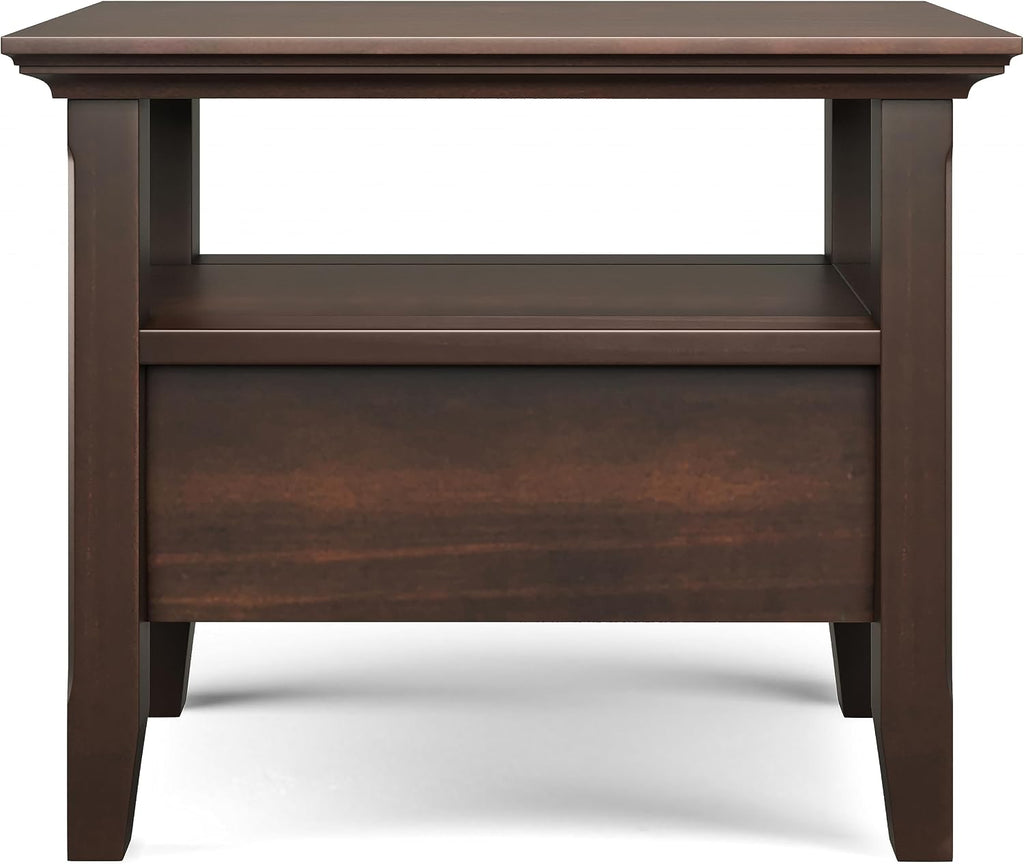 SIMPLIHOME Acadian Narrow Side Table - 14 inch Wide Solid Wood Rectangular End Table with Drawer and Open Shelf in Brunette Brown, Transitional Nightstand or Lamp Stand for Living Room or Bedroom