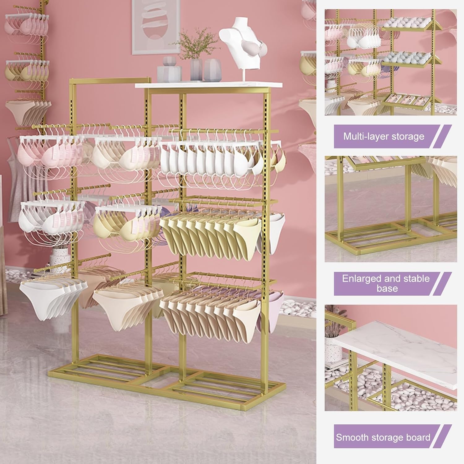 3 Tier Lingerie Garment Rack Retail Clothing Rack,Underwear Display Stands,Freestanding Clothing Store Storage Shelf,Multifunctional Panties Bra Gloves Socks Commercial Shelves(Silver,100cm/39.3in-1)