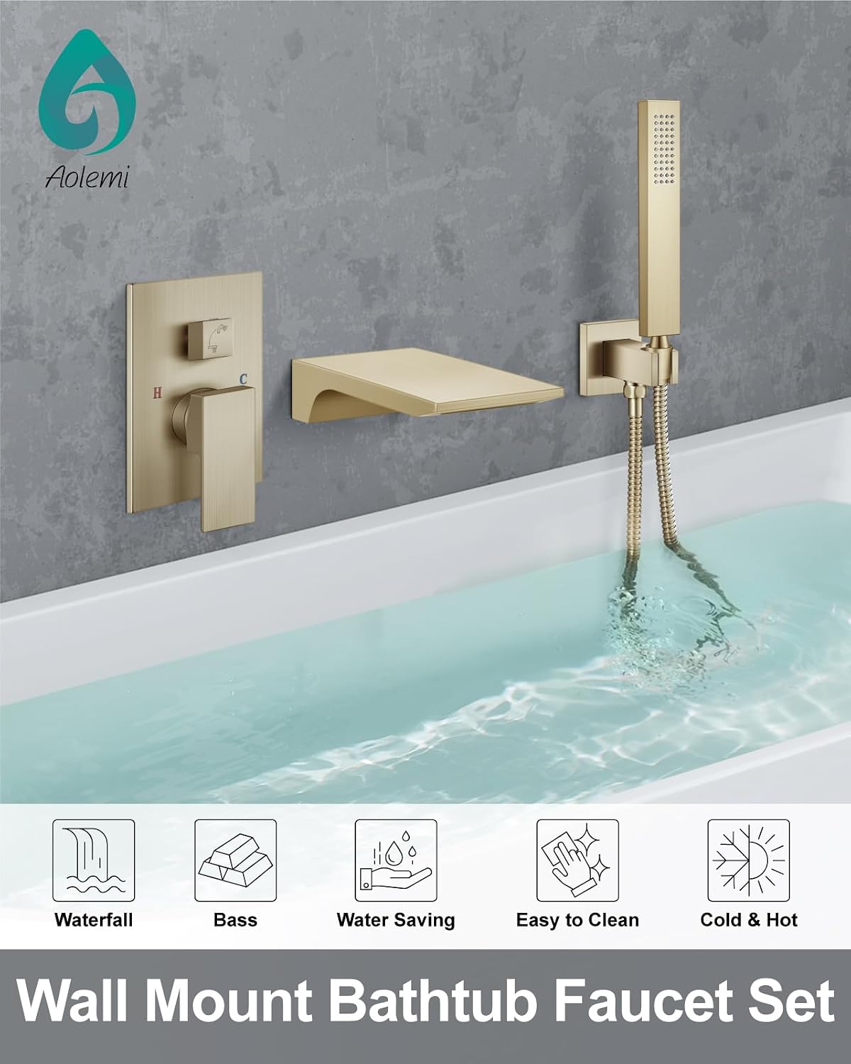 Aolemi Wall Mount Bathtub Faucet,Tub Faucet Set Waterfall Wall Mounted Tub Filler with Handheld Sprayer Single Handle,Brushed Gold