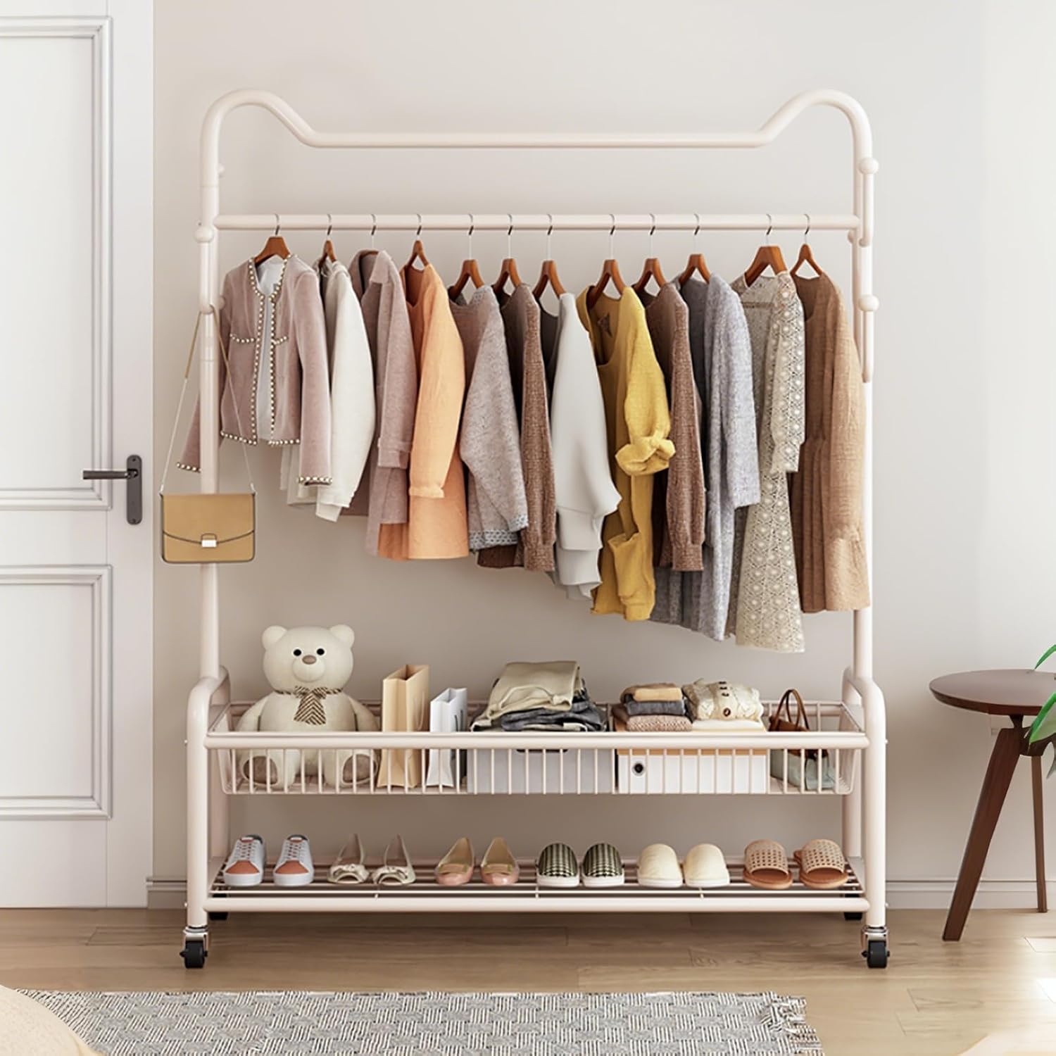Heavy-Duty Clothes Rack,Garment Rack With Storage Shelves And Coat/Hat Hooks,Hanging Racks For Clothes With Wheels,Freestanding Rolling Clothing Organizer For Bedroom Storage(Gold,100cm(39.4in))
