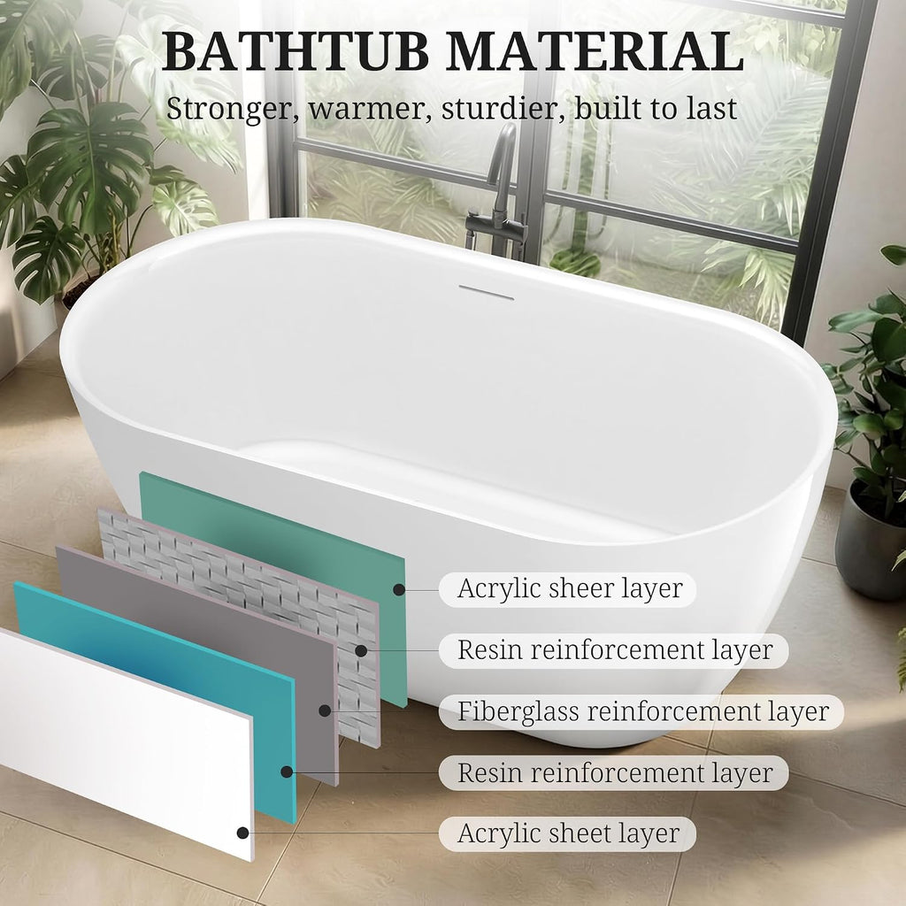 59' Freestanding Bathtub cUPC Certified, Acrylic Oval Deep Soaking Tub, Fiberglass Reinforced Stand Alone Bathtub with Integrated Overflow & Drain, Ergonomic Design, Glossy White Modern Bathroom Tub