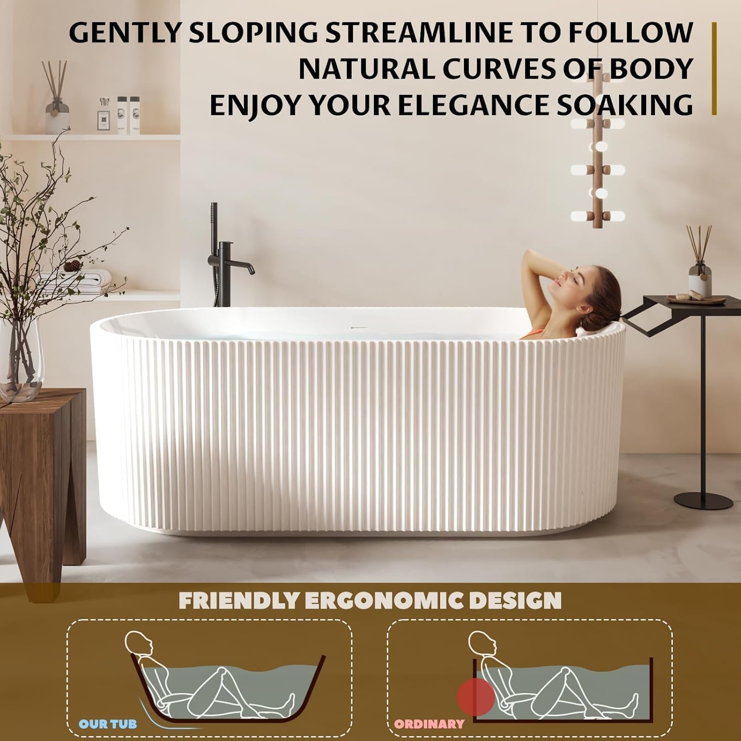 67' Acrylic Freestanding Soaking Bathtub, Matte Drain & Black Overflow, Contemporary Design Tub for Home Bathroom Renovations, Glossy White