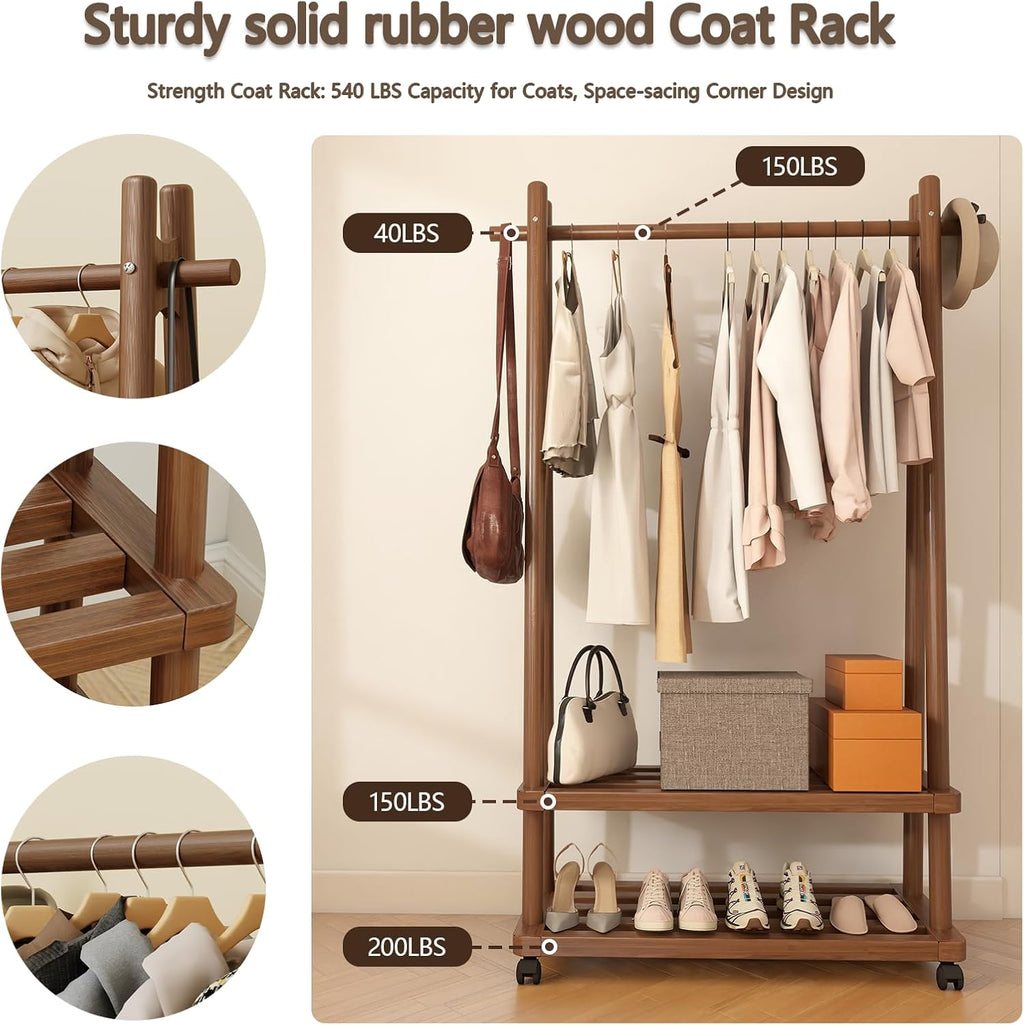 Solid Wood Clothing Rack Freestanding with Wheels, 3-in-1 Coat Rack with 2 Shelves & Hooks Load 500 Lbs, Heavy Duty Garment Rack for Hanging Clothes & Organizer for Entryway Bedroom Living Room 23.6'W