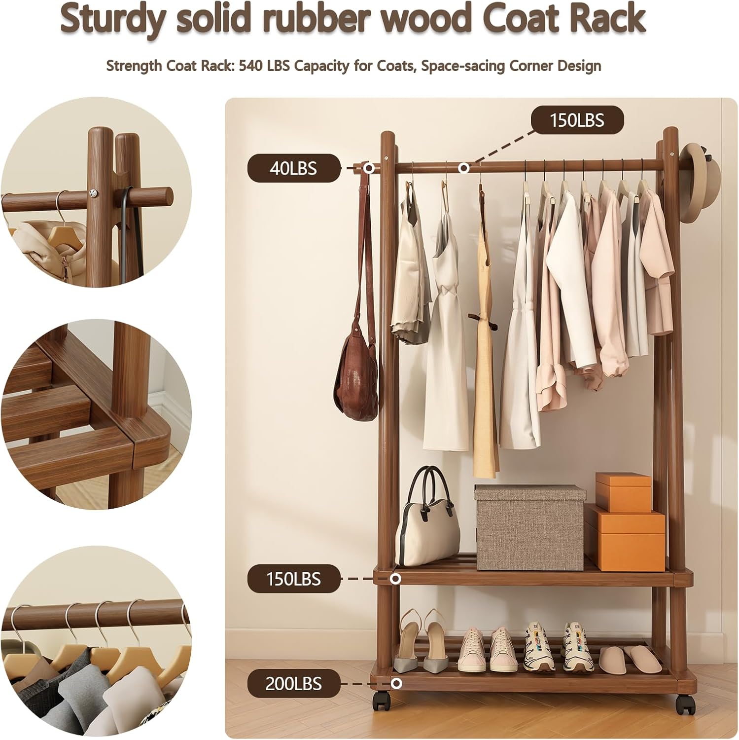 Solid Wood Clothing Rack Freestanding with Wheels, 3-in-1 Coat Rack with 2 Shelves & Hooks Load 500 Lbs, Heavy Duty Garment Rack for Hanging Clothes & Organizer for Entryway Bedroom Living Room 23.6'W