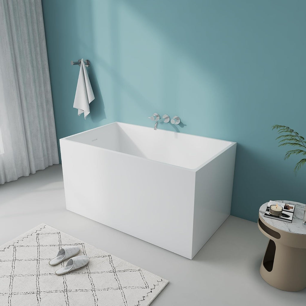 47' Modern Acrylic Free Standing Bathtub With Seat | Unique White Deep Square Soaking Tub with Overflow and CUPC Drain