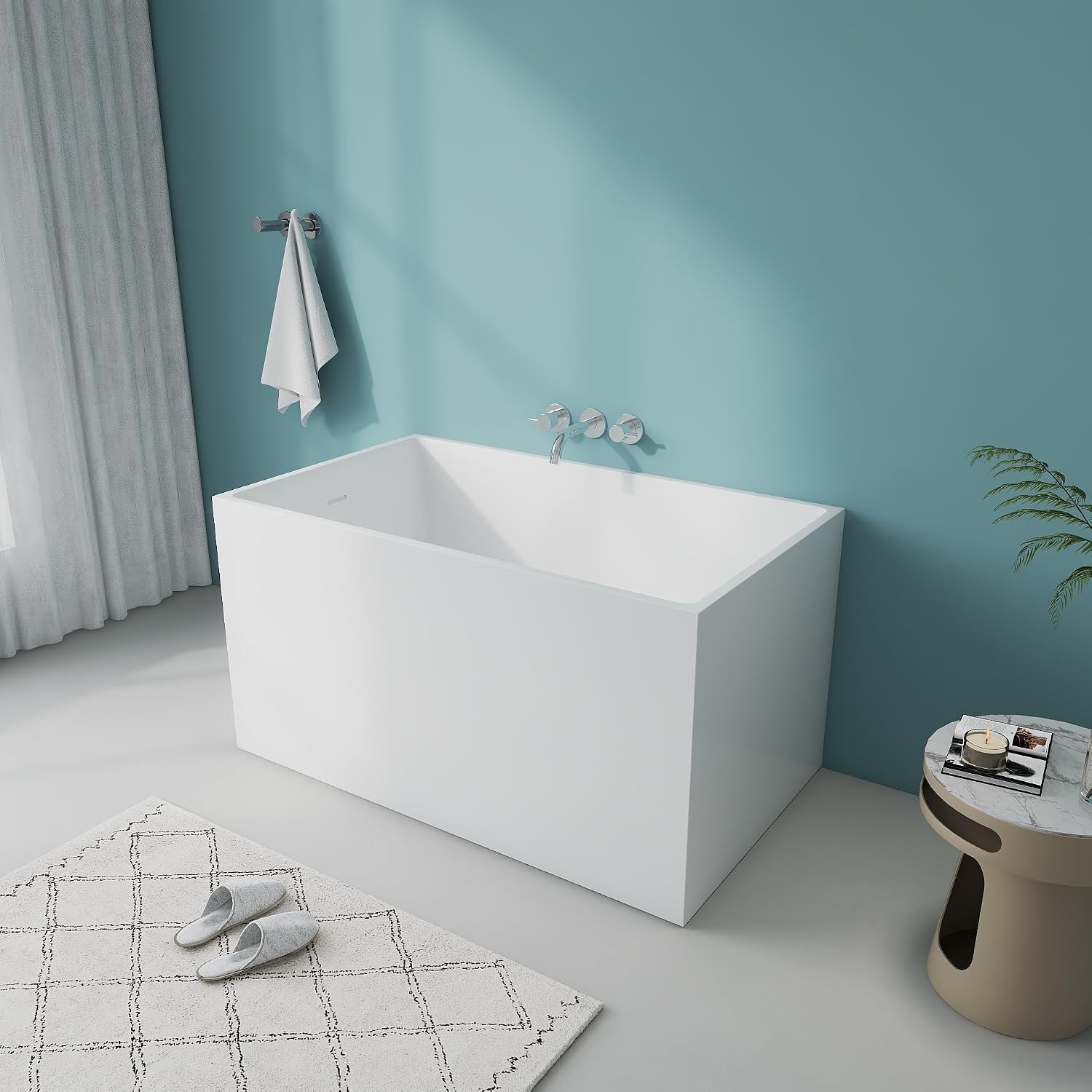 47' Modern Acrylic Free Standing Bathtub With Seat | Unique White Deep Square Soaking Tub with Overflow and CUPC Drain