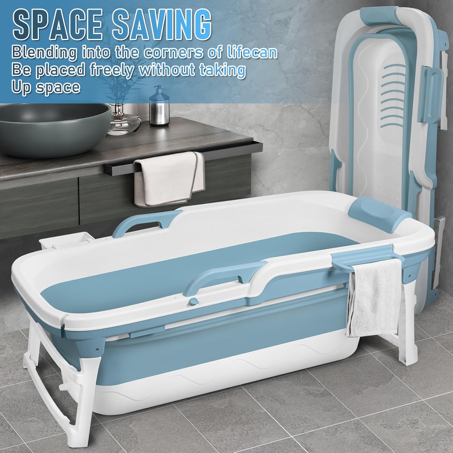 51 Inch Foldable Bathtub for Adults, Large Portable Tub for Shower, Effortless Collapsible Bathtub Adult for Spacious Bathrooms & Outdoor Use, Ideal for Ice Baths & Hot Baths (Blue, 51 Inch)