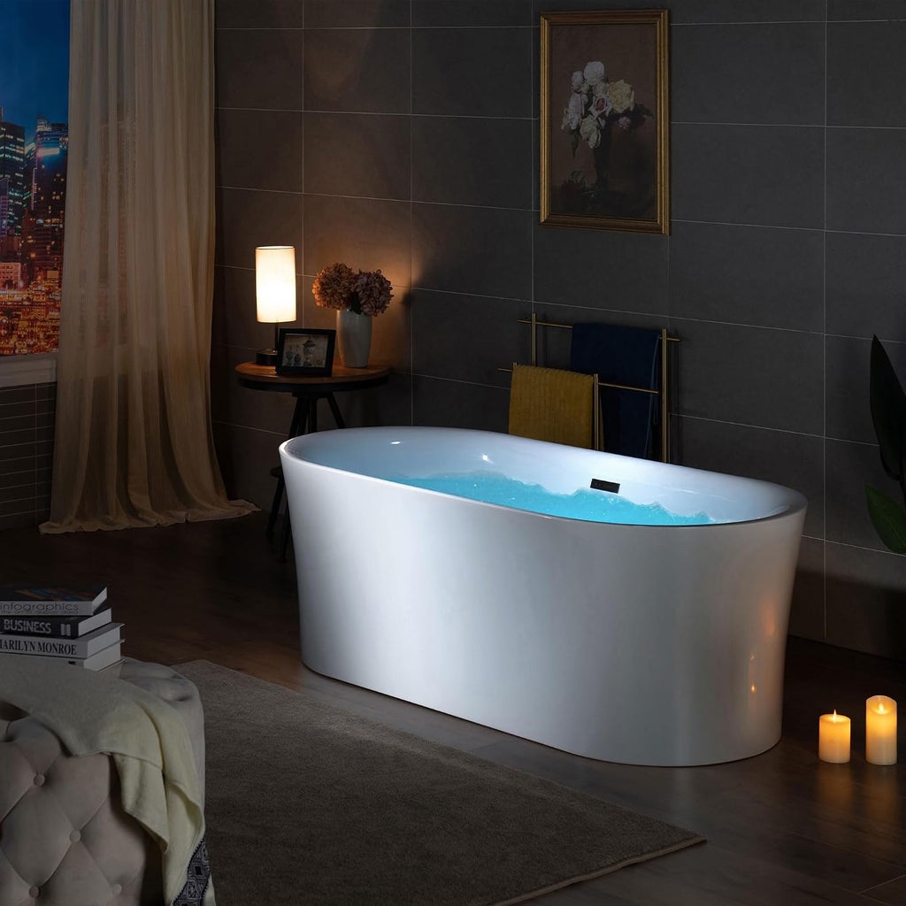 WOODBRIDGE 67' Acrylic Freestanding Bathtub Contemporary Soaking Tub with Matte Black Overflow and Drain,White Tub