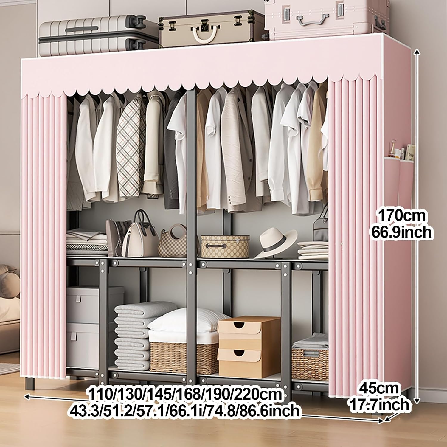 Portable Wardrobe Closet with Cover, Clothing Coat Storage Organizer with Hanging Rods, Foldable Garment Rack for Hanging Clothes, Steel Tube Clothes(Blue,110cm/43.3inch)
