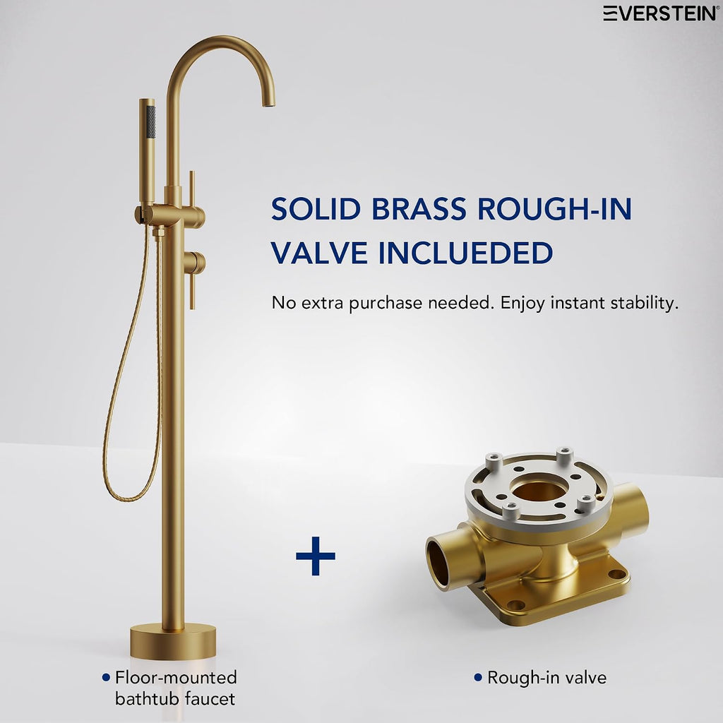 Freestanding Bathtub Faucet with Hand Held Shower, Floor Mount Tub Filler, Dual Handle Brass Bath Tub Faucet, Valve Included，Brushed Gold
