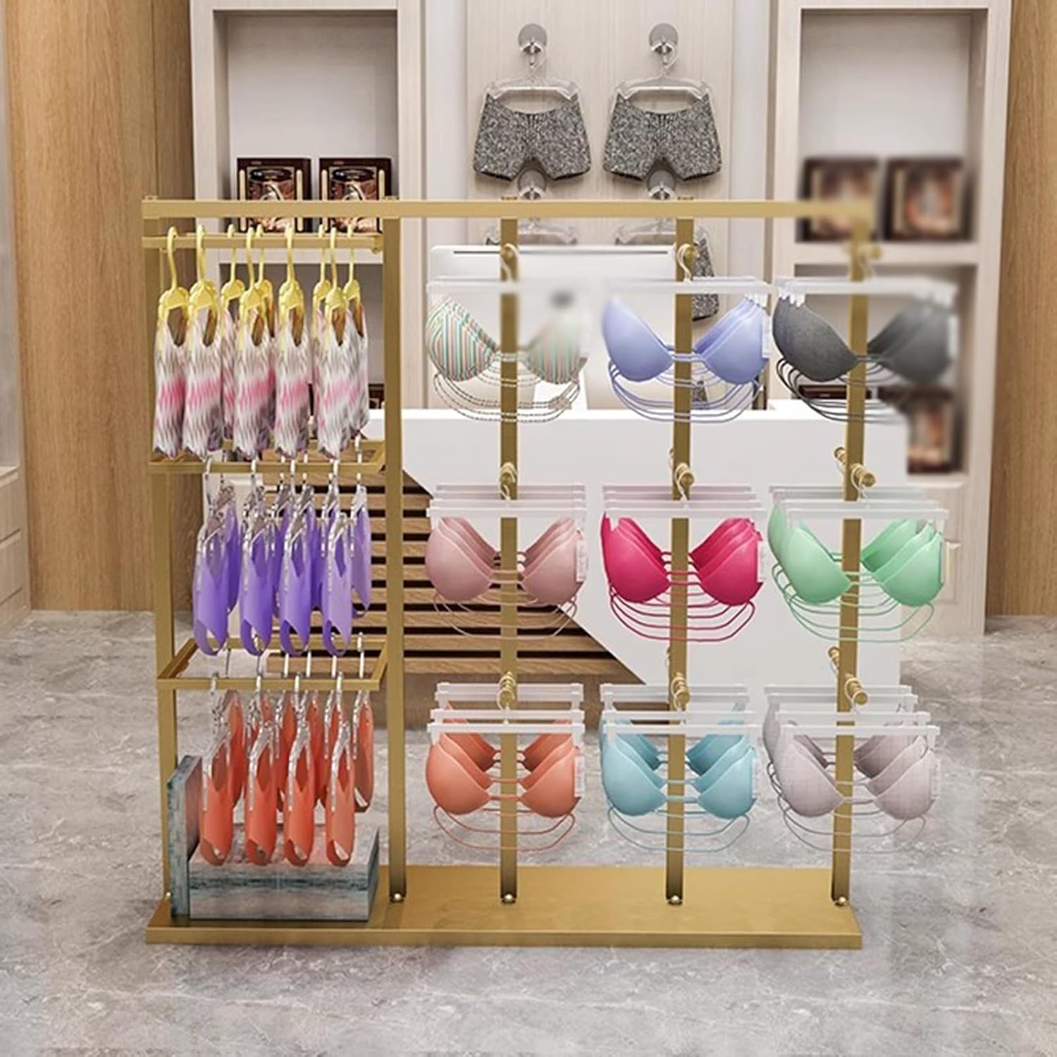 Customize what you need Freestanding Clothing Store Organizer Rack, Underwear Rack, Retail Store Scarf Panty Shorts Bra Hijab Silk Shawl Display Stand for Bouti(Gold a 130X40X130CM)