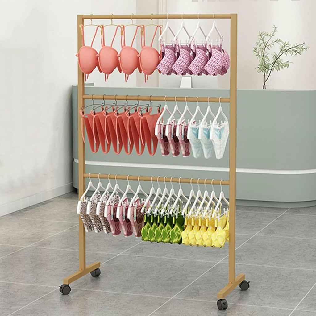 Freestanding Metal Scarf Display Rack, Underwear Panty Rack Shorts Display Bra Stand, Clothes Organizer with Wheels, 3- Tier Shelves for Bedroom/Boutique/Cloth Store