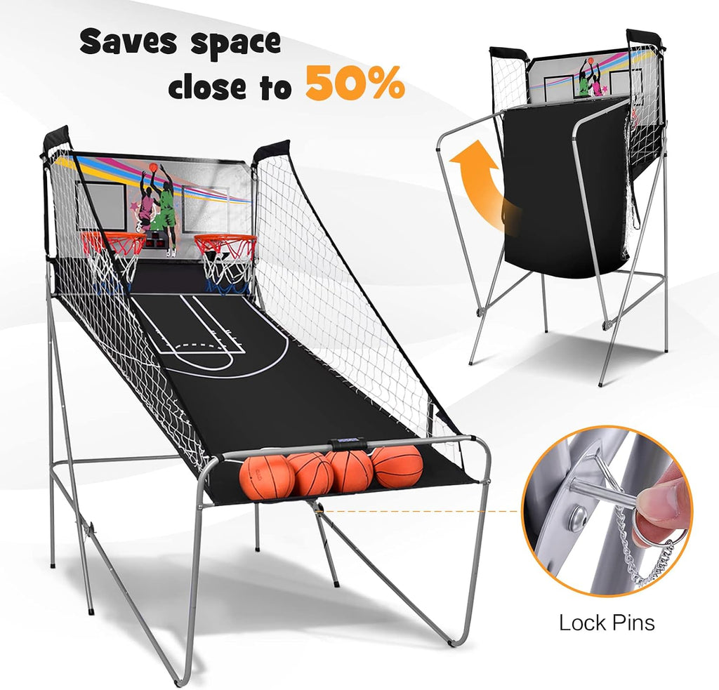 Goplus Foldable Dual Shot Basketball Arcade Game, Basketball Hoop Game w/Electronic Scoring, 8 Game Modes, 4 Balls, Indoor Outdoor Electronic Basketball Game Machine for Kids Adults (Black)
