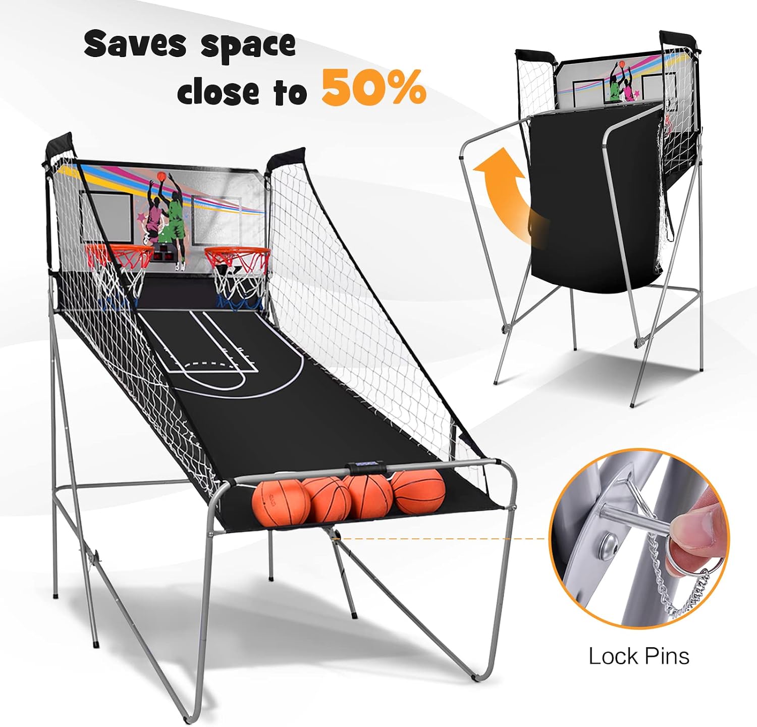 Goplus Foldable Dual Shot Basketball Arcade Game, Basketball Hoop Game w/Electronic Scoring, 8 Game Modes, 4 Balls, Indoor Outdoor Electronic Basketball Game Machine for Kids Adults (Black)